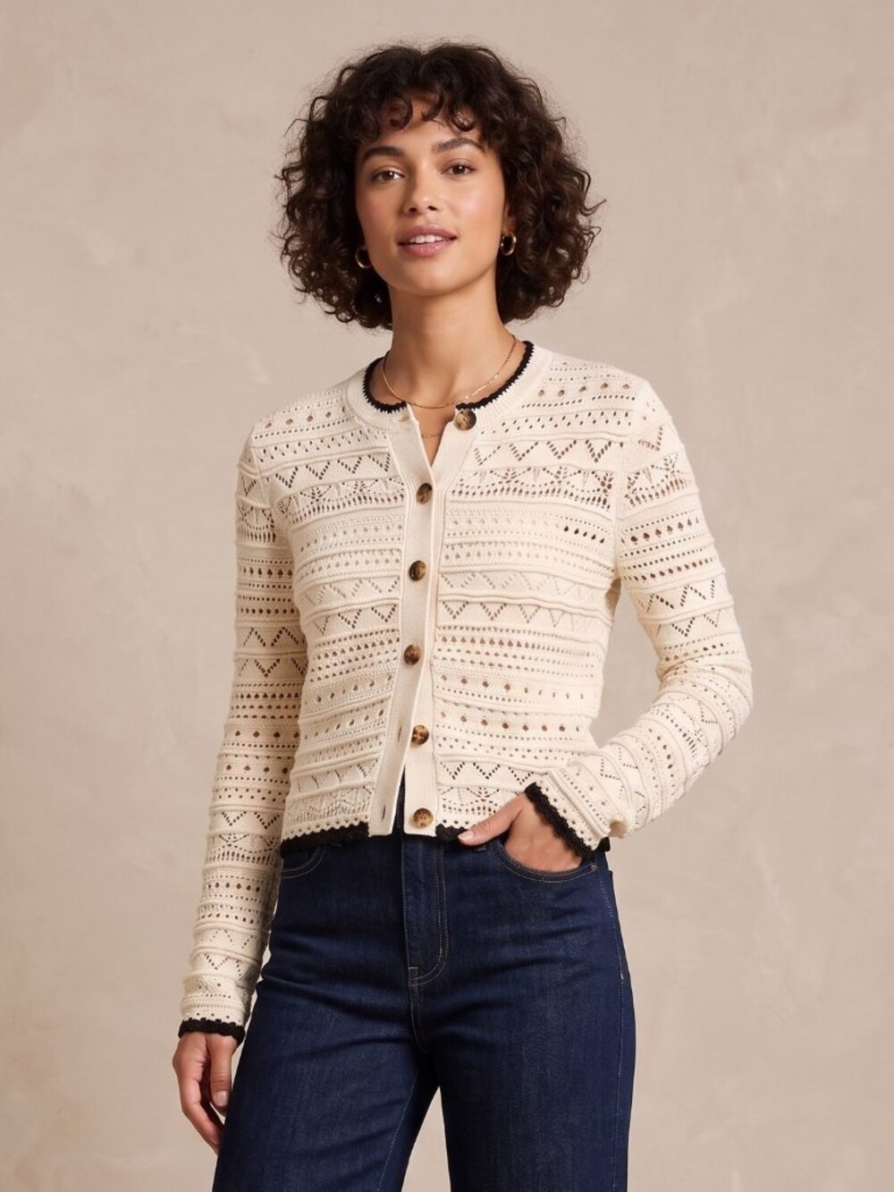 La Ligne Mallory Crochet Knit Cardigan Cream Black Trim Small EUC